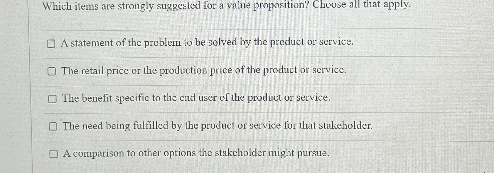  Which items are strongly suggested for a value proposition? Choose all