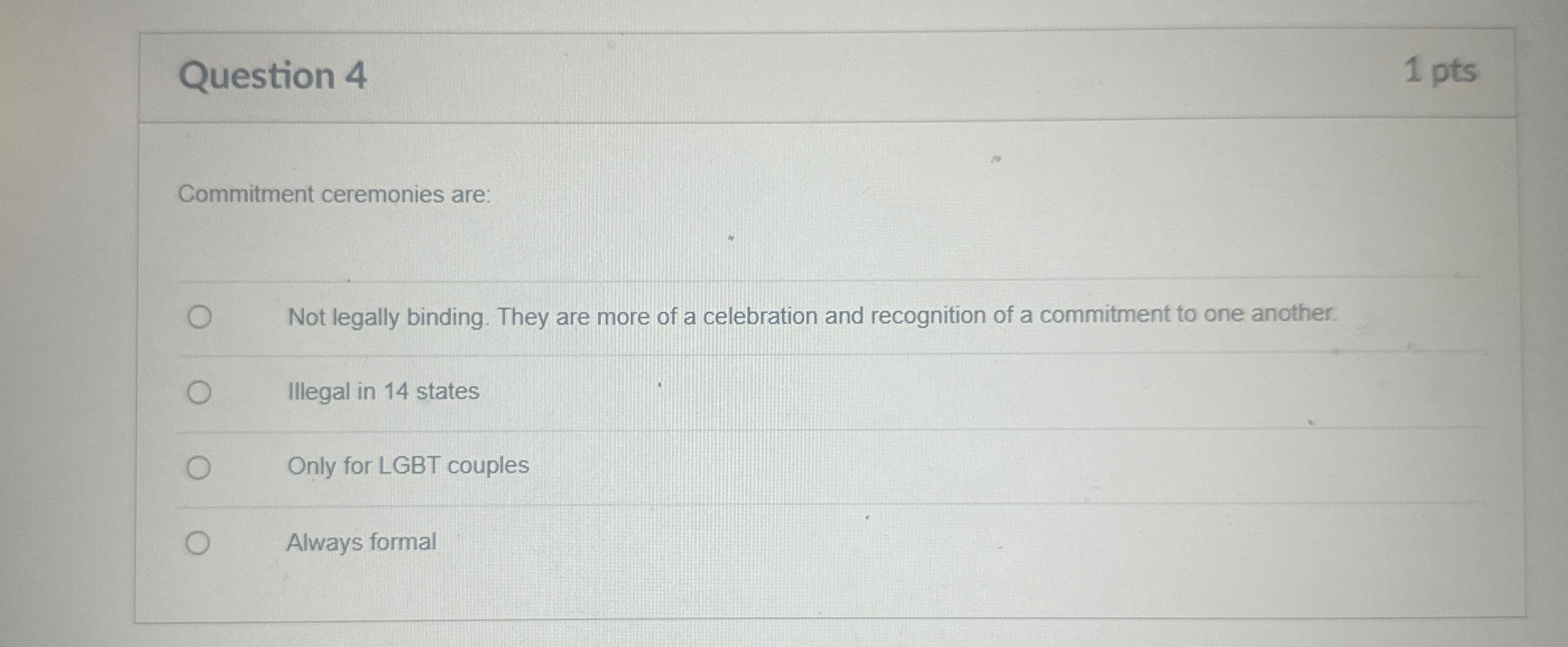  Question 4 1 pts Commitment ceremonies are: Not legally binding. They