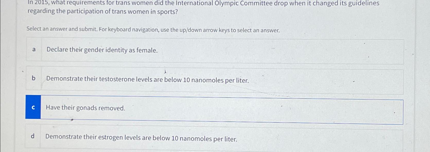  In 2015, what requirements for trans women did the International Olympic