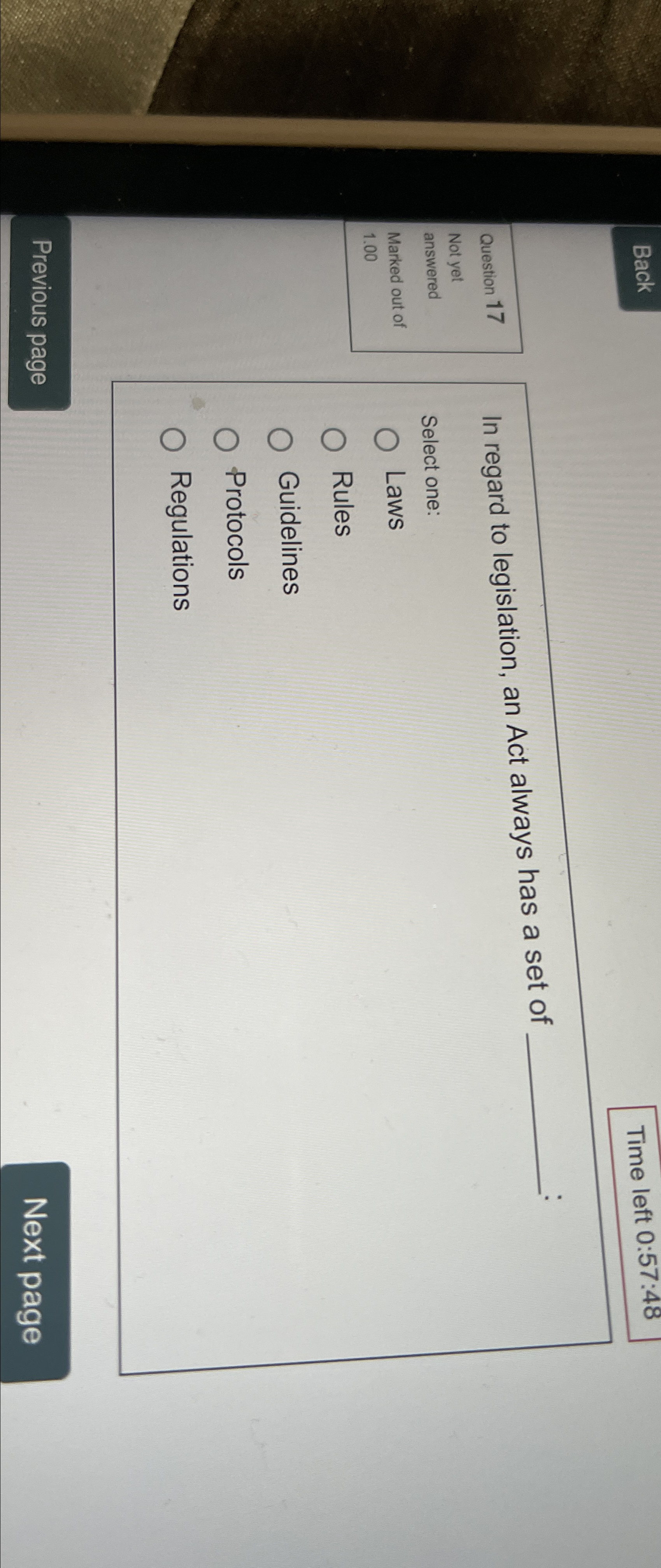  Time left 0:57:48 Question 17 Not yet answered Marked out of