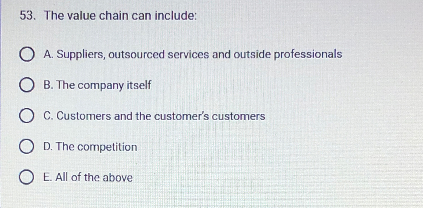  The value chain can include: A. Suppliers, outsourced services and outside