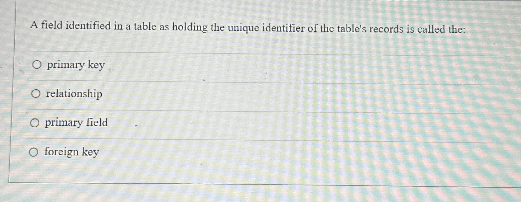  A field identified in a table as holding the unique identifier