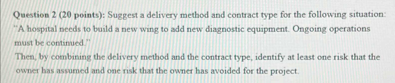  Question 2(20 points): Suggest a delivery method and contract type for
