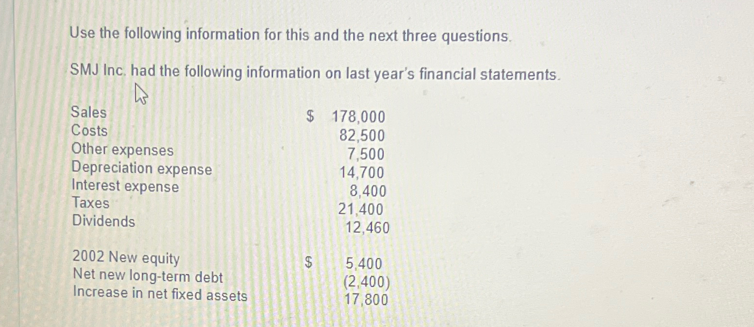  Use the following information for this and the next three questions.