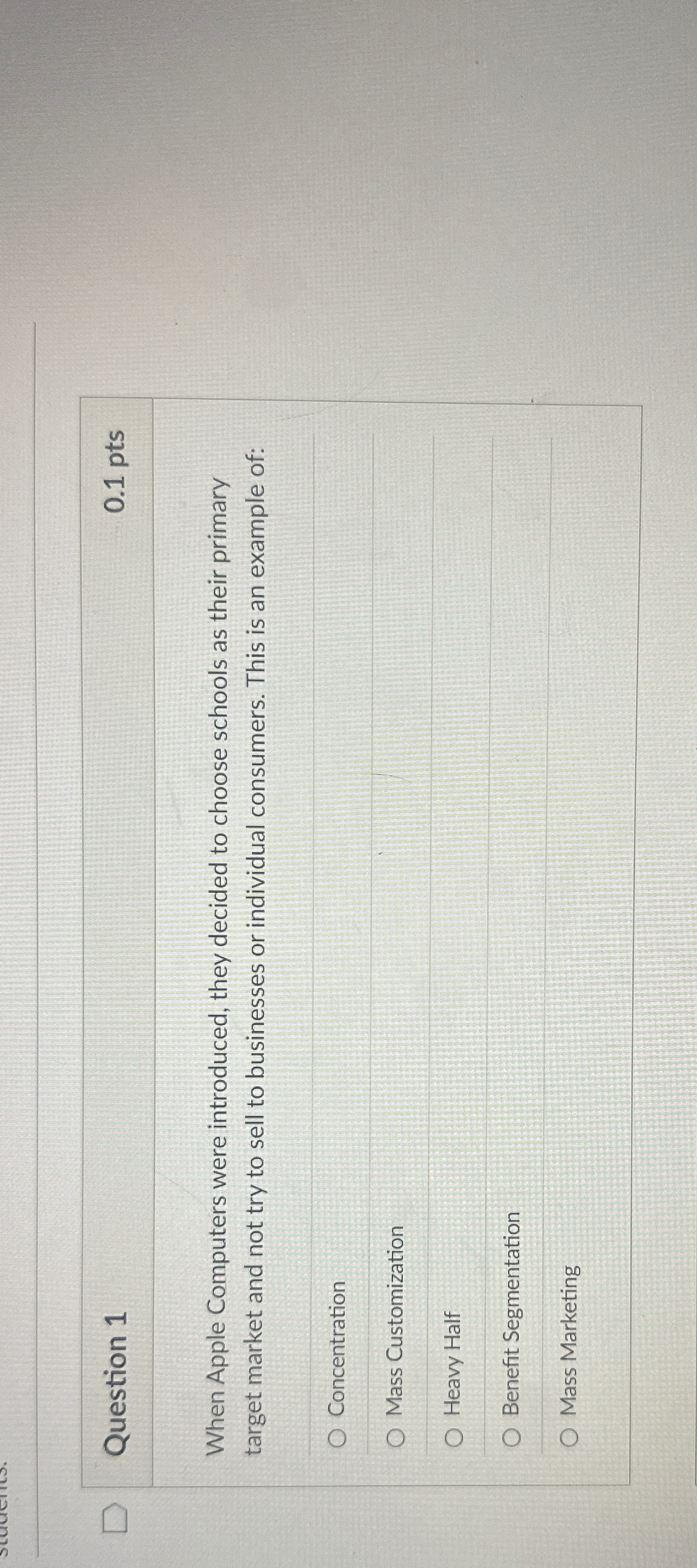  Question 1 0.1pts When Apple Computers were introduced, they decided to