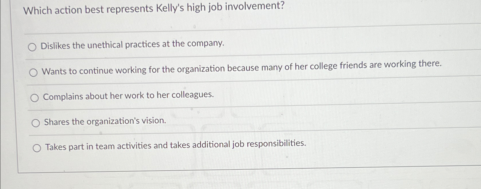  Which action best represents Kelly's high job involvement? Dislikes the unethical