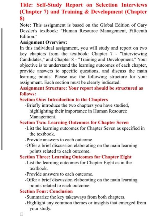 report Title: Self-Study Report on Selection Interviews (Chapter 7) and Training \&