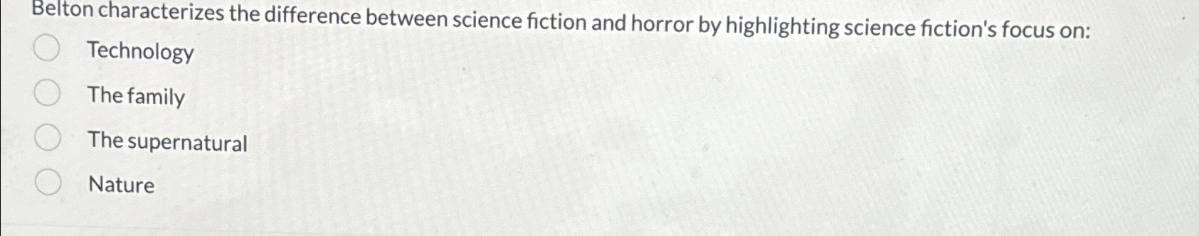  Belton characterizes the difference between science fiction and horror by highlighting