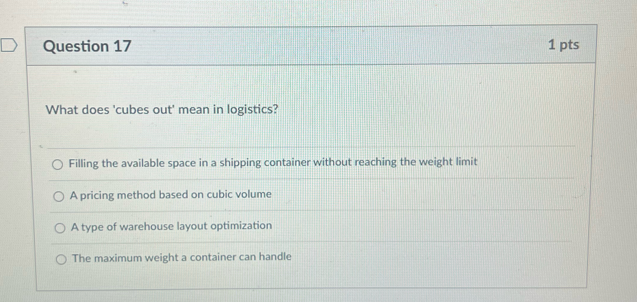  Question 17 1 pts What does 'cubes out' mean in logistics?