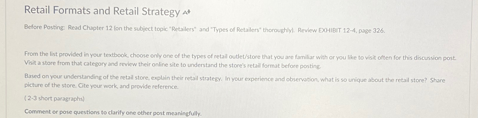  Retail Formats and Retail Strategy Before Posting: Read Chapter 12(on the