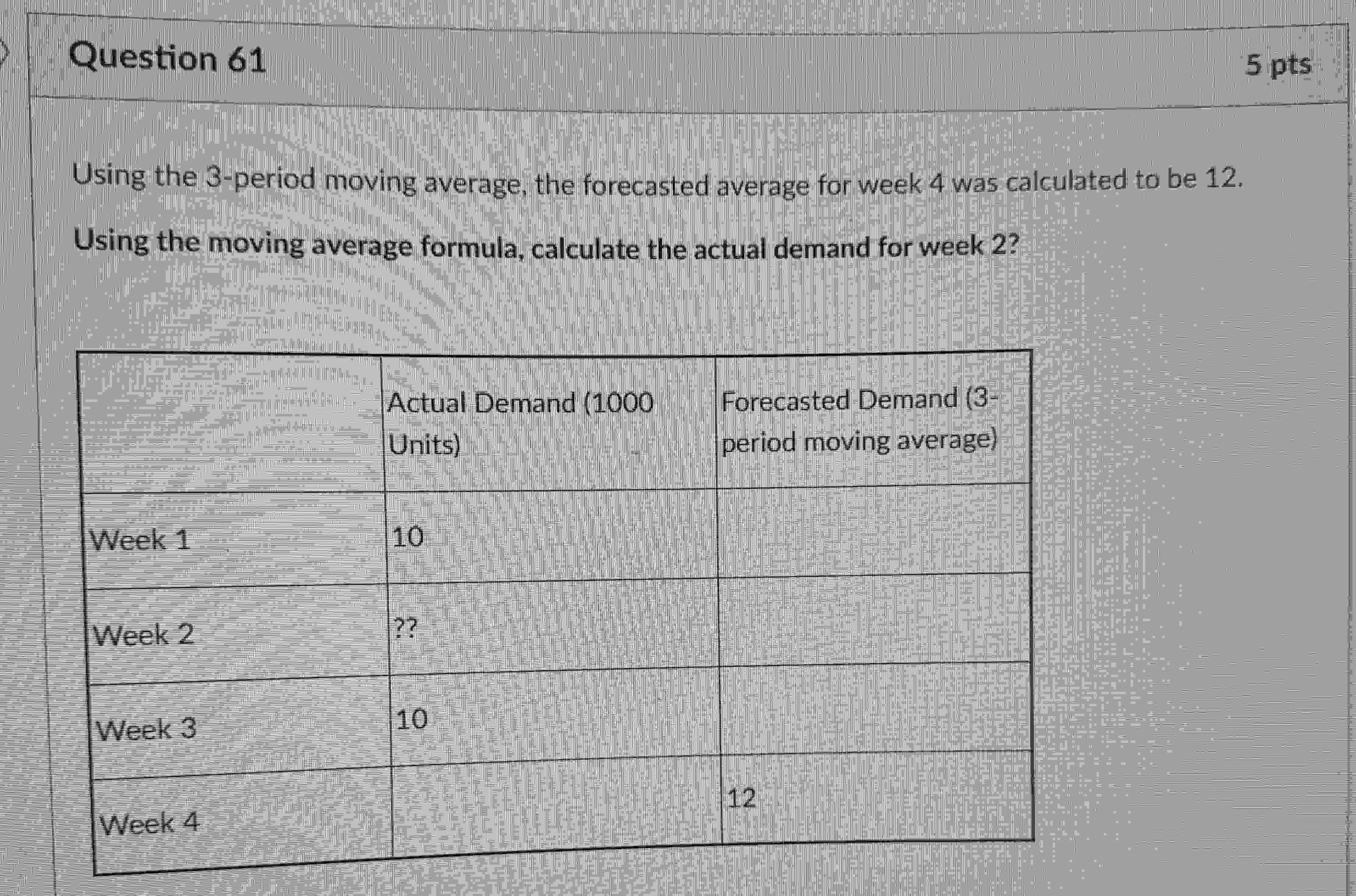  Question 61 5 pts Using the 3-period moving average, the forecasted