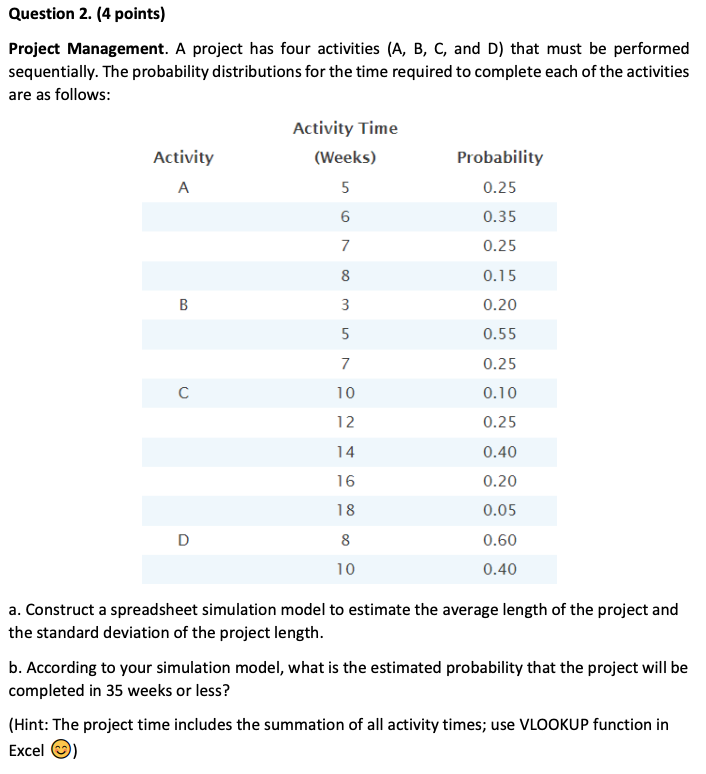  Please completer following question using excel and VLOOKUP. Project Management. A