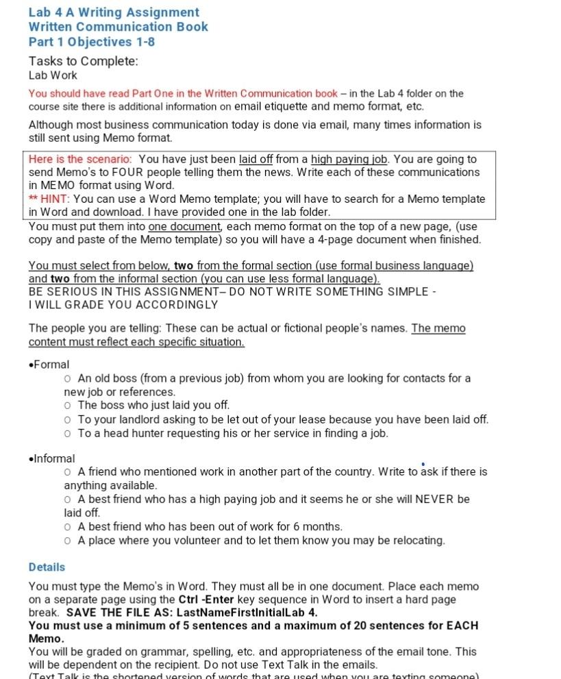  Lab 4 A Writing Assignment Written Communication Book Part 1 Objectives