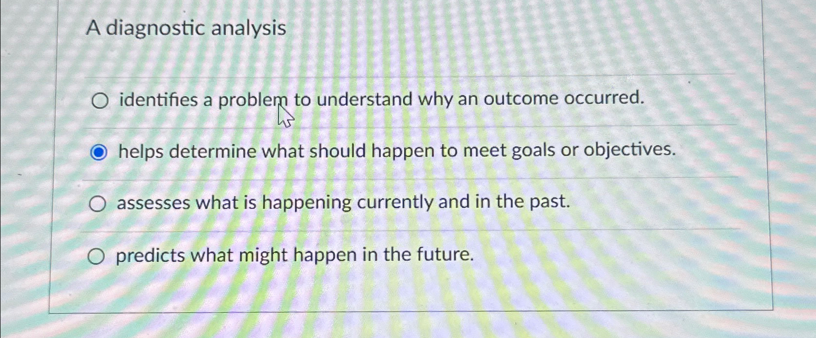  A diagnostic analysis identifies a problem to understand why an outcome