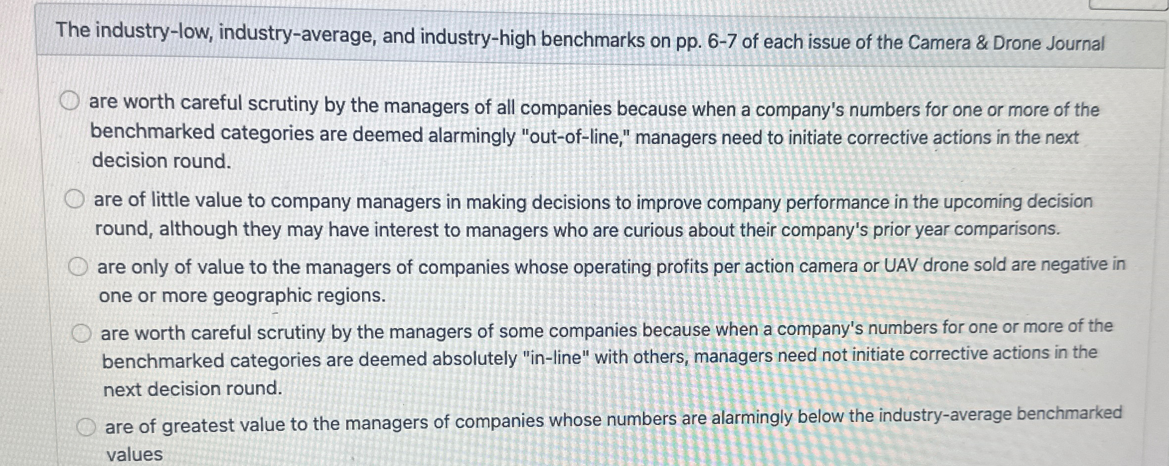  The industry-low, industry-average, and industry-high benchmarks on pp.6-7 of each issue