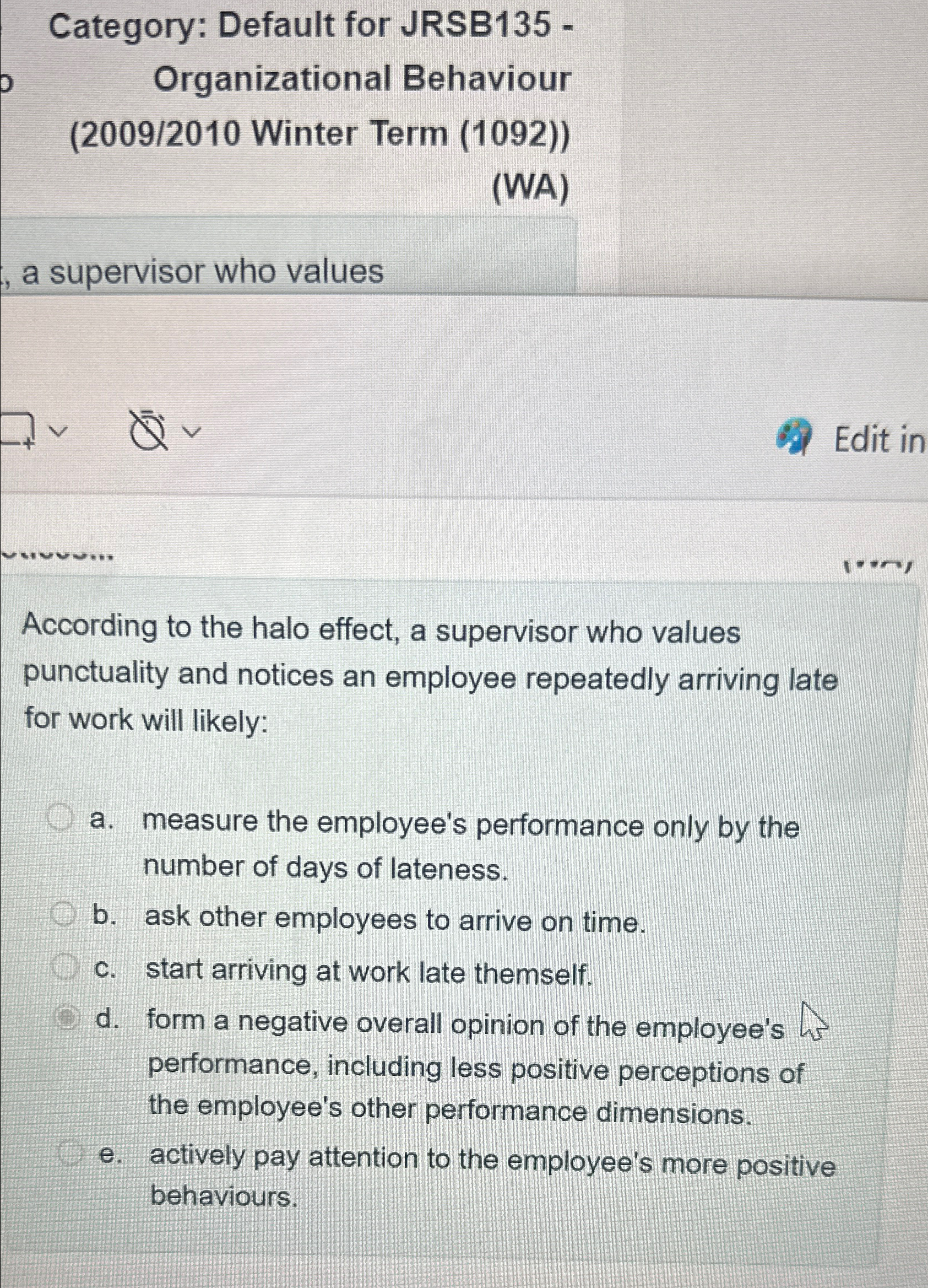  Category: Default for JRSB135- Organizational Behaviour (2009/2010 Winter Term (1092)) (WA)