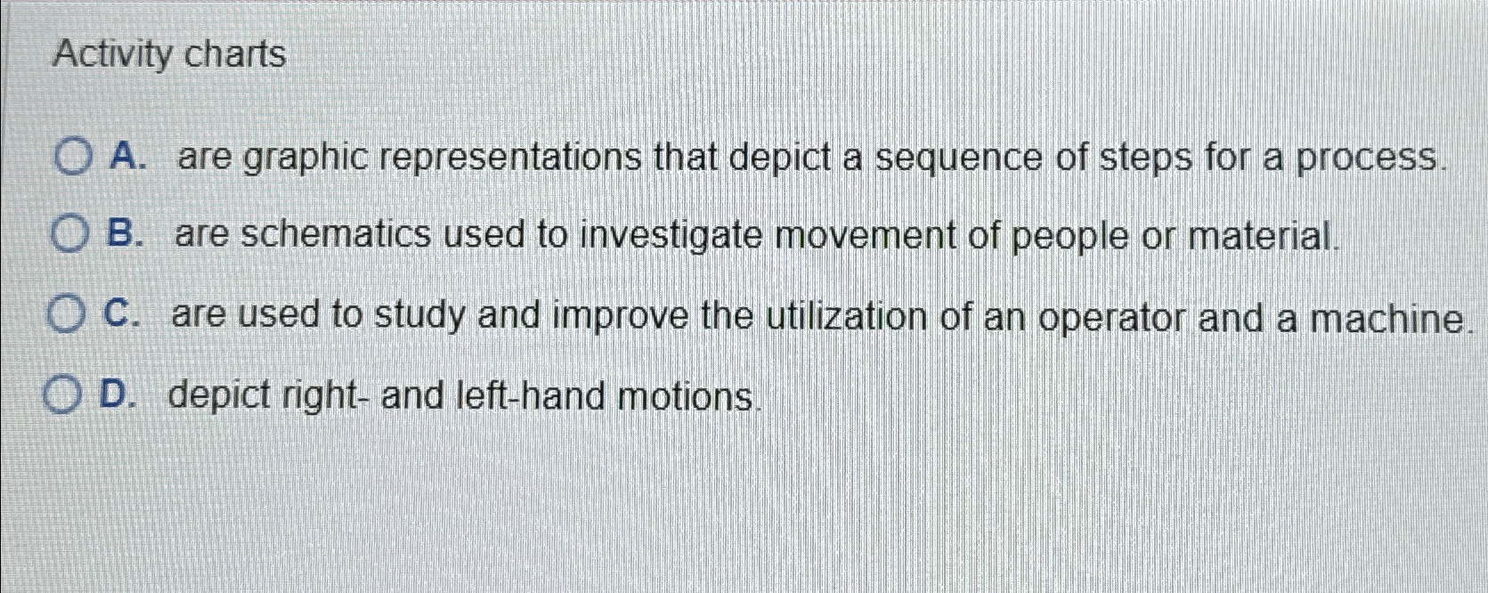  Activity charts A. are graphic representations that depict a sequence of