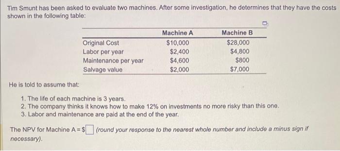 NPV for machine A and B Tim Smunt has been asked to