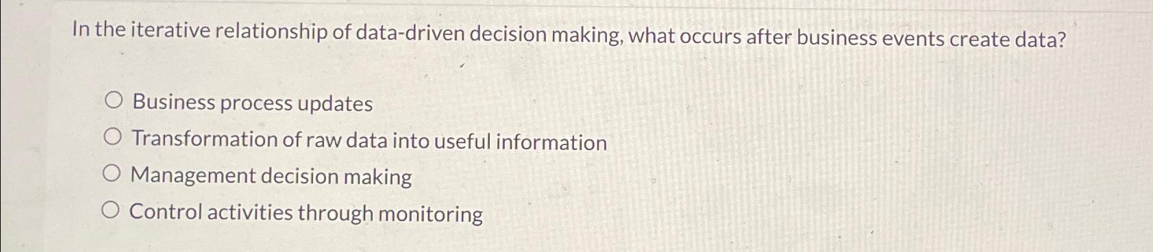  In the iterative relationship of data-driven decision making, what occurs after