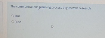  The communications planning process begins with research. True False 