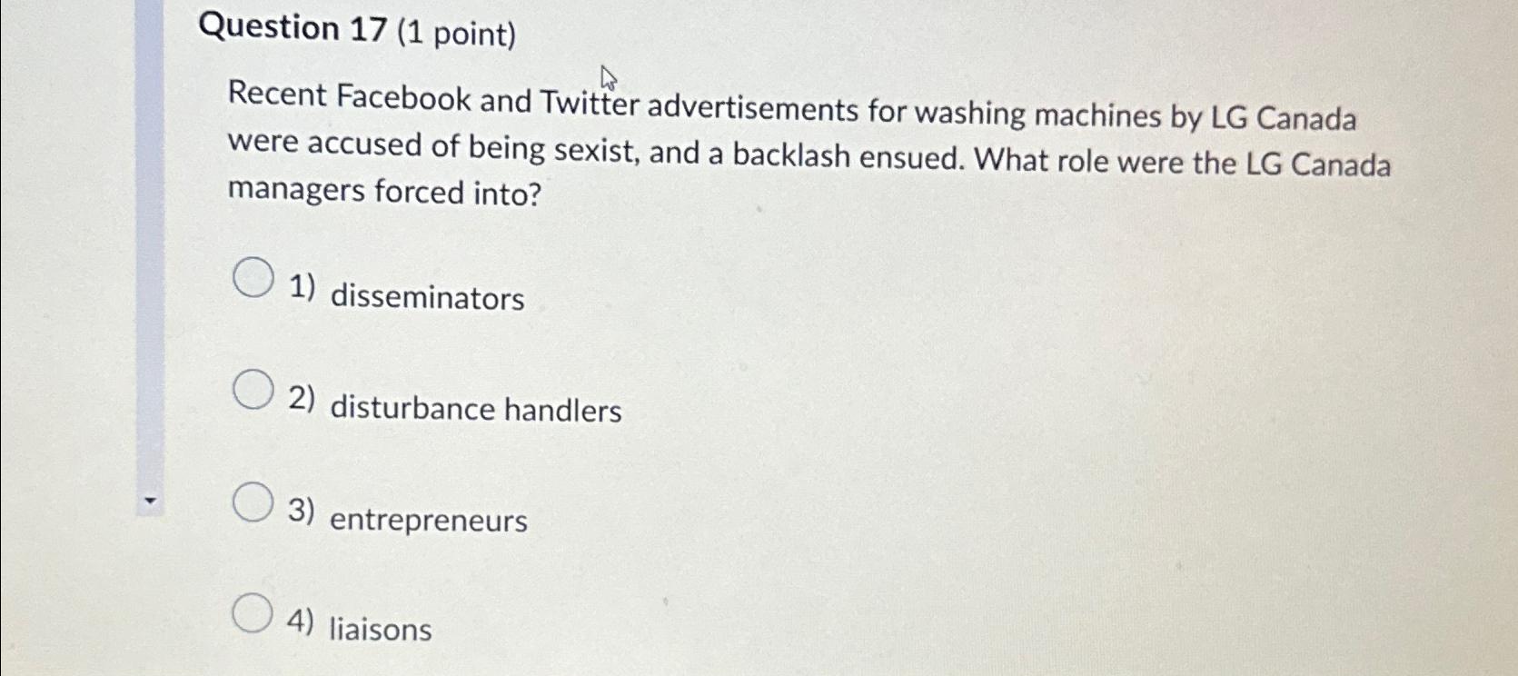  Question 17(1 point) Recent Facebook and Twitter advertisements for washing machines
