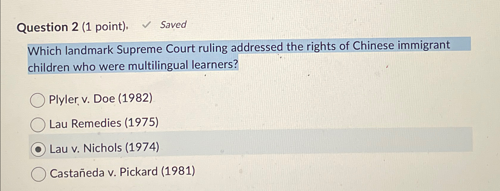  Question 2(1 point) Saved Which landmark Supreme Court ruling addressed the