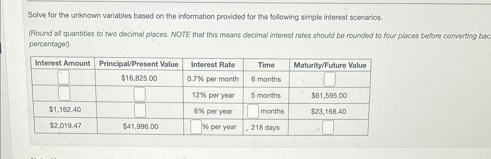  Solve for the unknown variables based on the information provided for