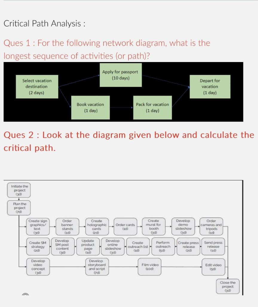  Critical Path Analysis : Ques 1 : For the following network
