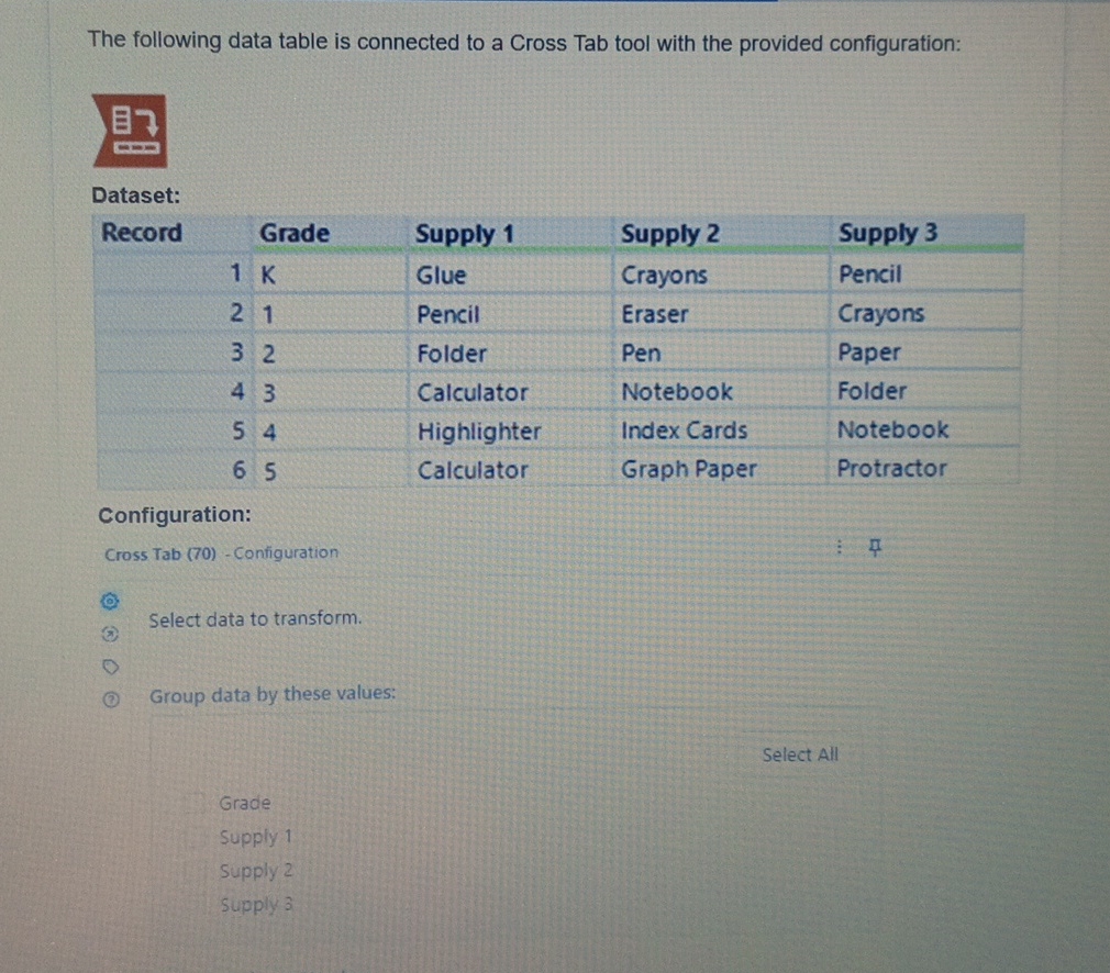  The following data table is connected to a Cross Tab tool