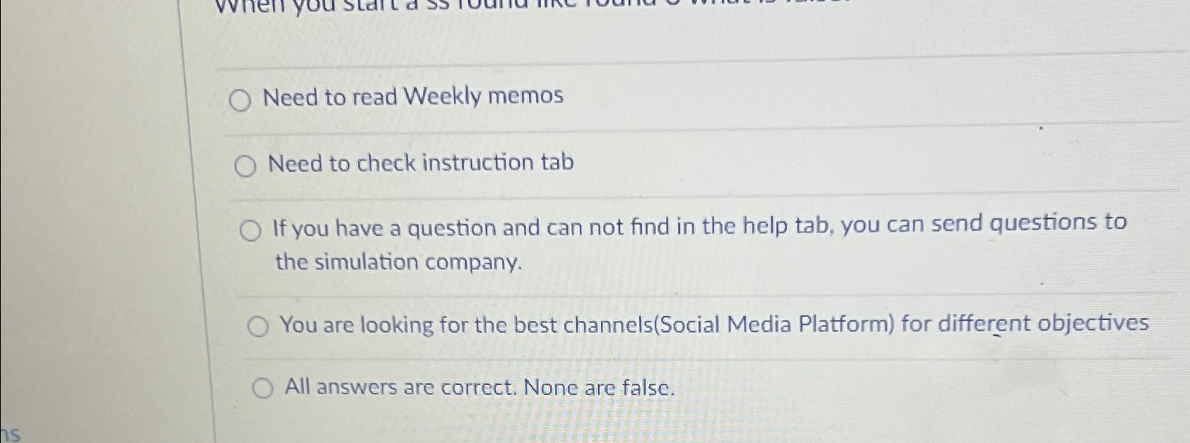  Need to read Weekly memos Need to check instruction tab If