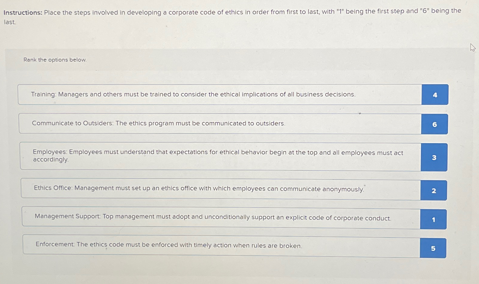  Instructions: Place the steps involved in developing a corporate code of