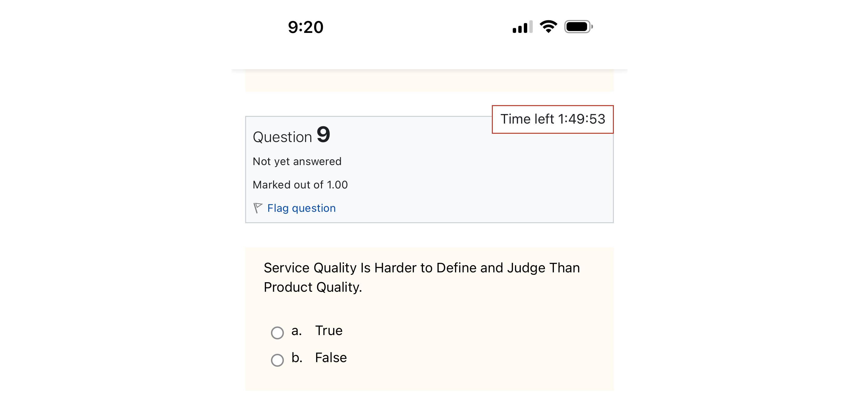  9:20 Time left 1:49:53 Question Not yet ans Flag question Service