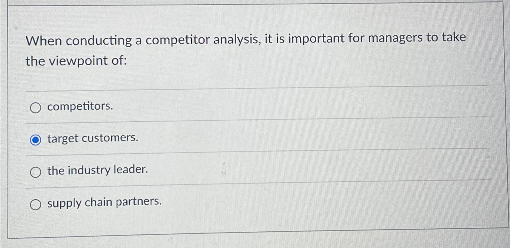  When conducting a competitor analysis, it is important for managers to
