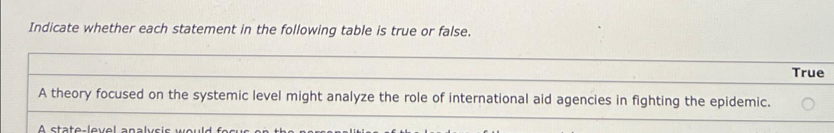  Indicate whether each statement in the following table is true or