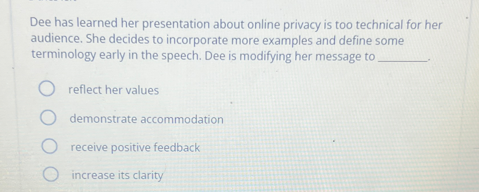  Dee has learned her presentation about online privacy is too technical