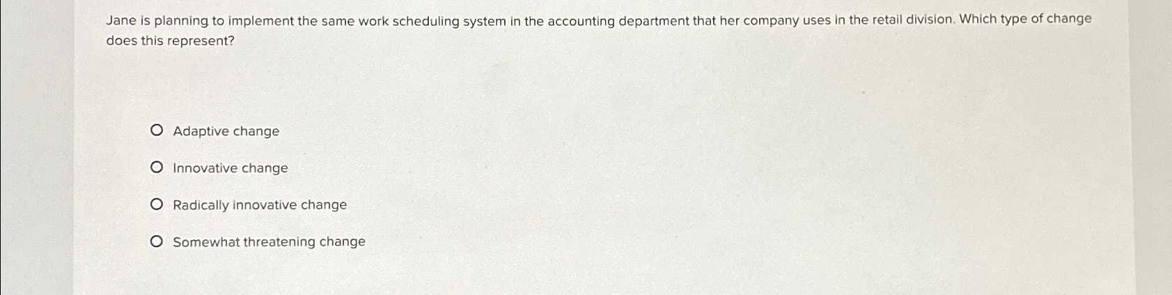  Jane is planning to implement the same work scheduling system in