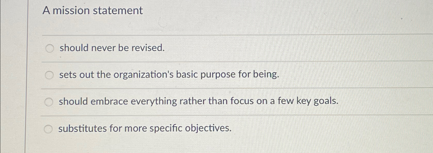  A mission statement should never be revised. sets out the organization's