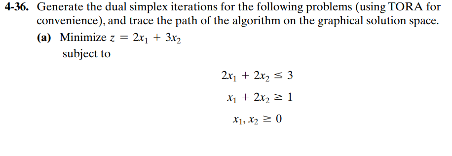  4-36. Generate the dual simplex iterations for the following problems (using