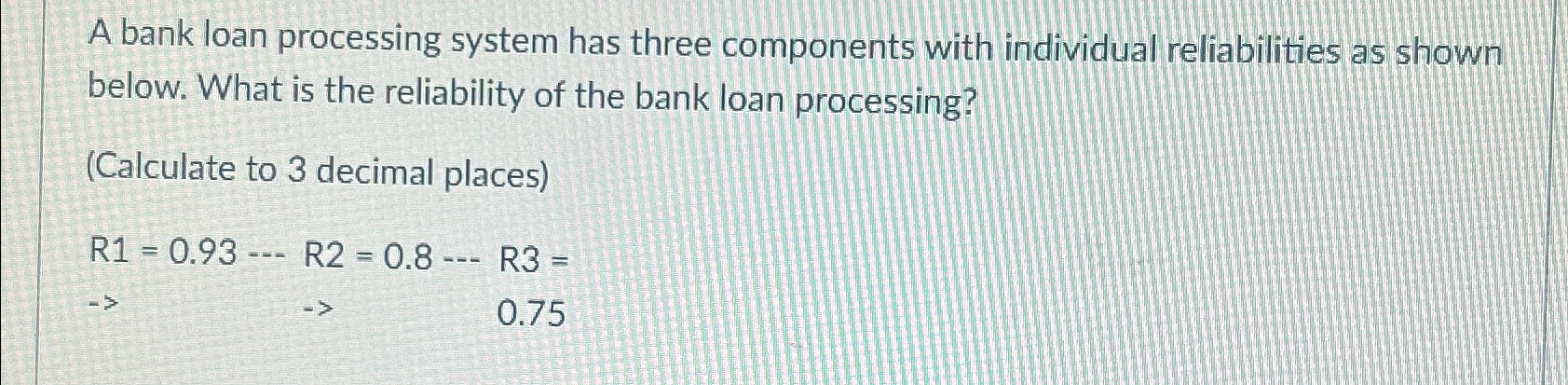  A bank loan processing system has three components with individual reliabilities