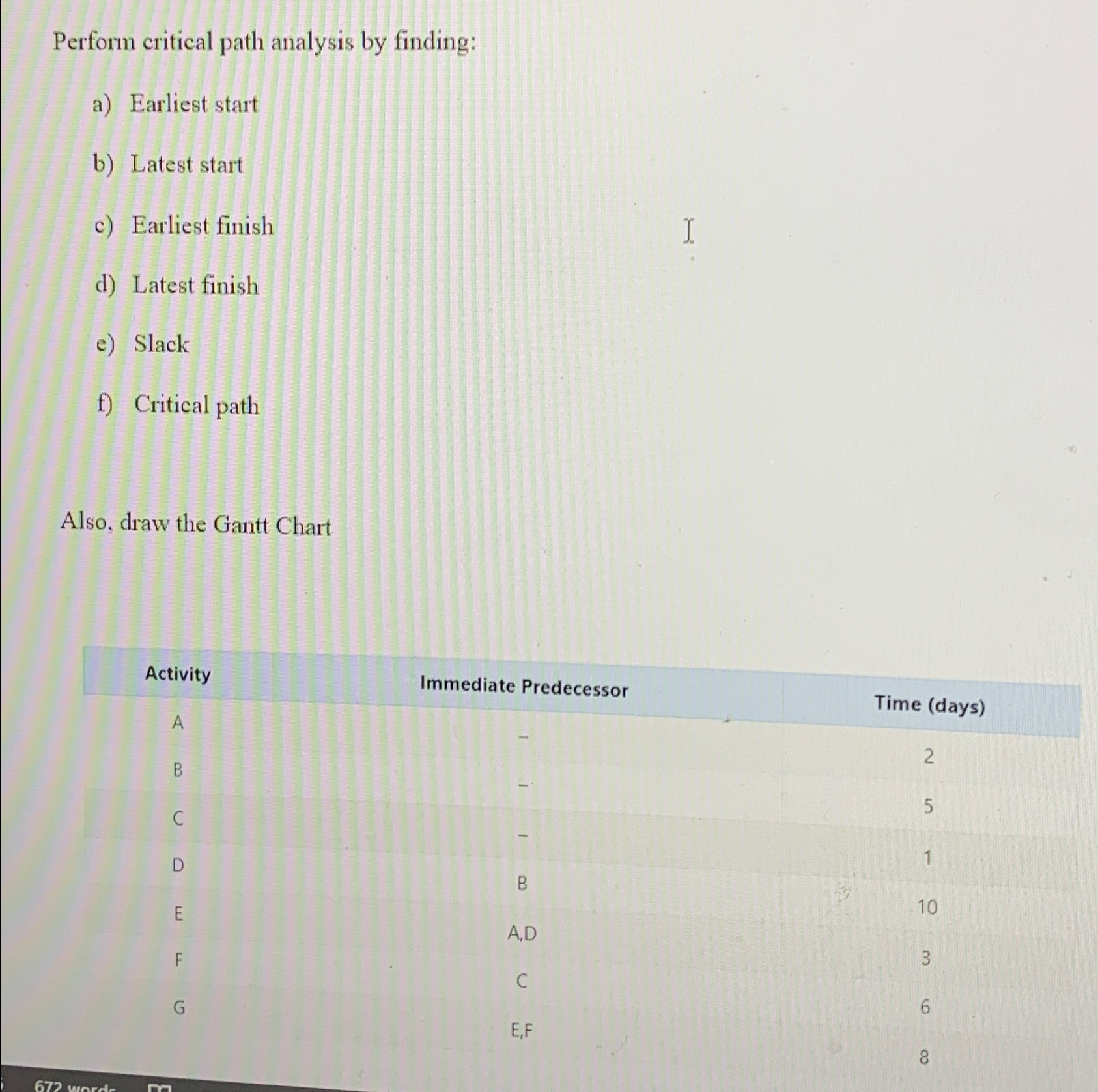  Perform critical path analysis by finding: a) Earliest start b) Latest