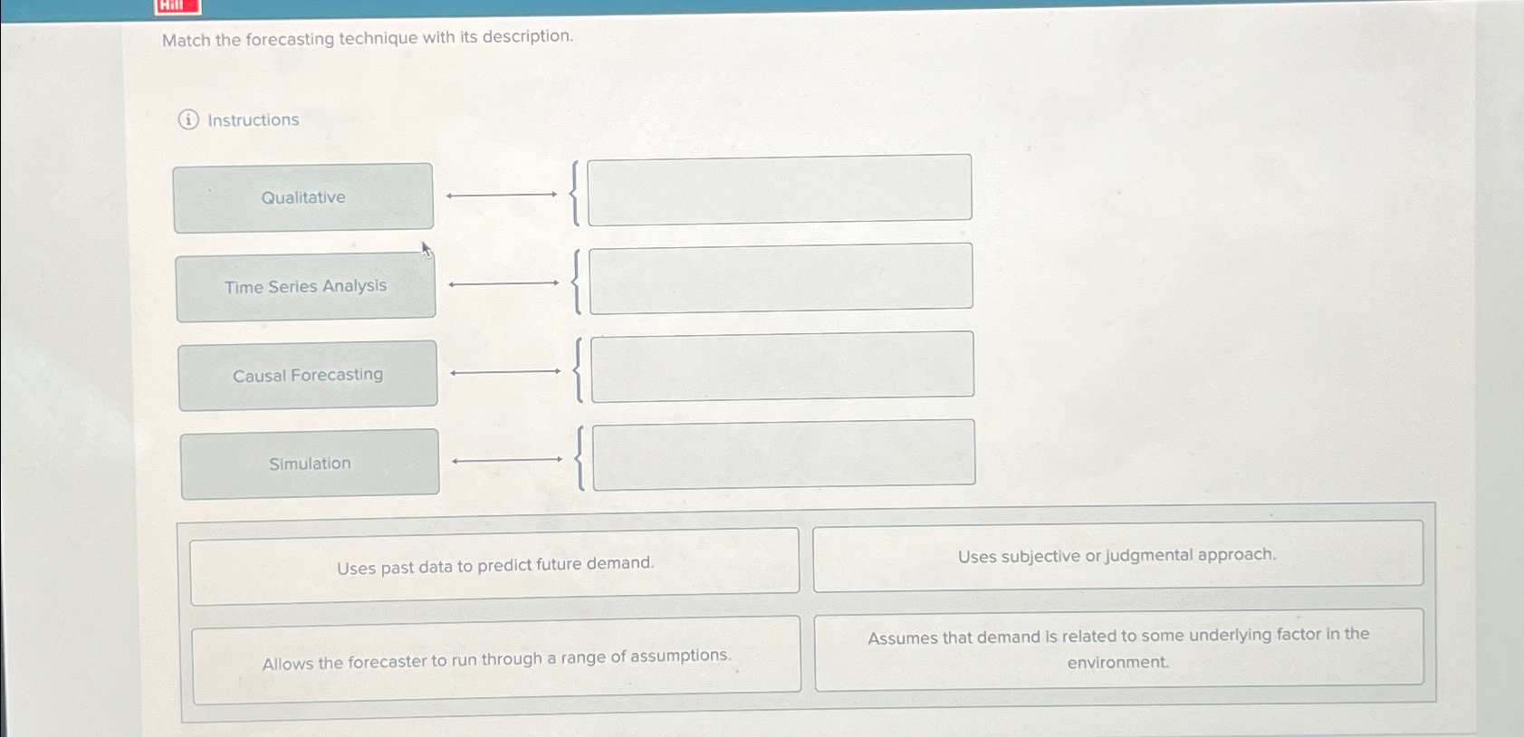  Match the forecasting technique with its description. Instructions Simulation Uses past
