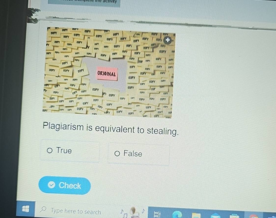  Plagiarism is equivalent to stealing. True False 