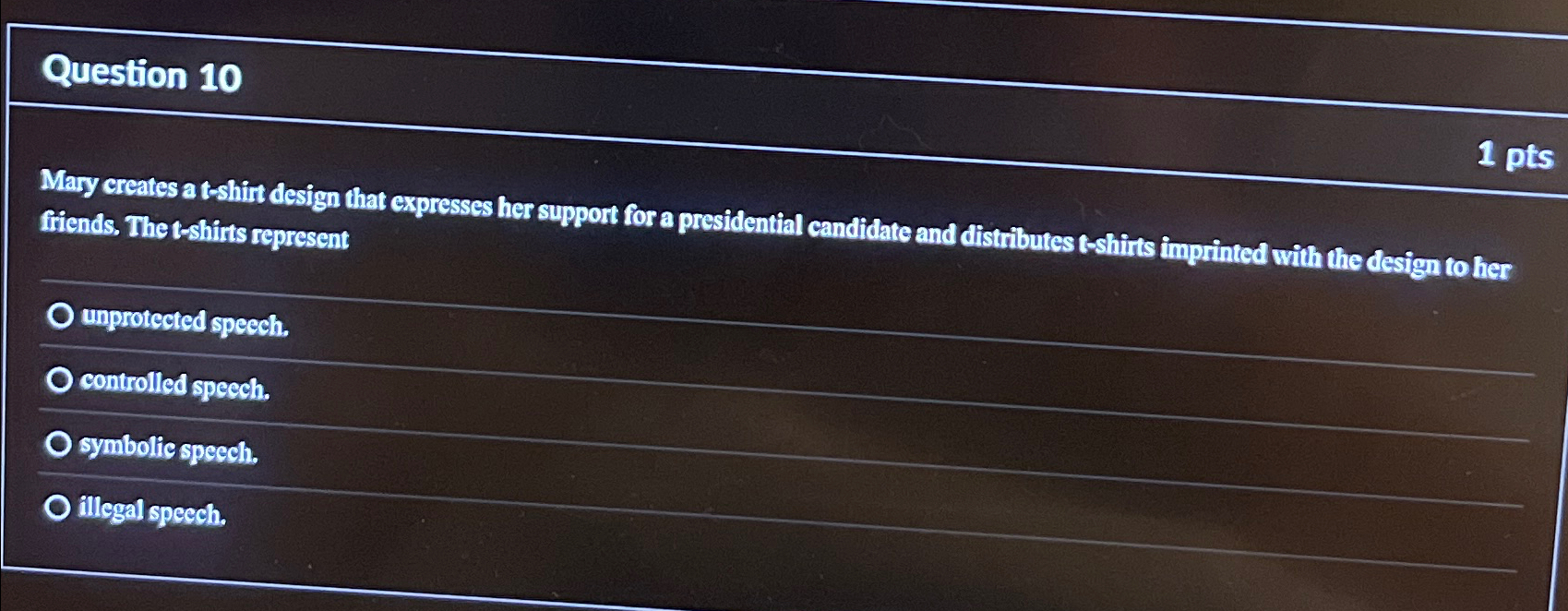  Question 10 1 pts Mary creates a t-shirt design that expresses