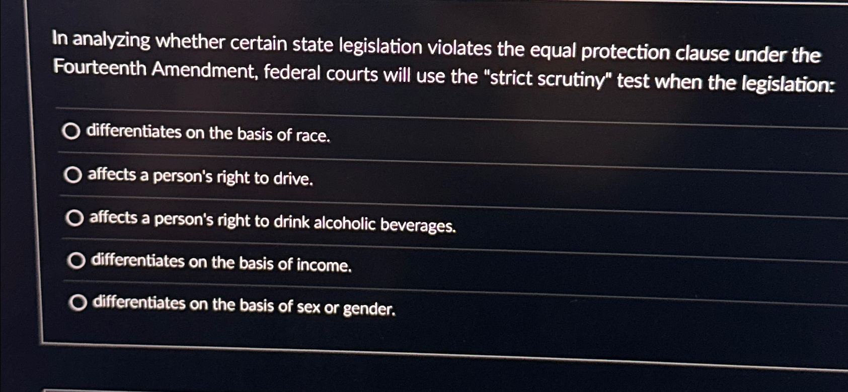  In analyzing whether certain state legislation violates the equal protection clause