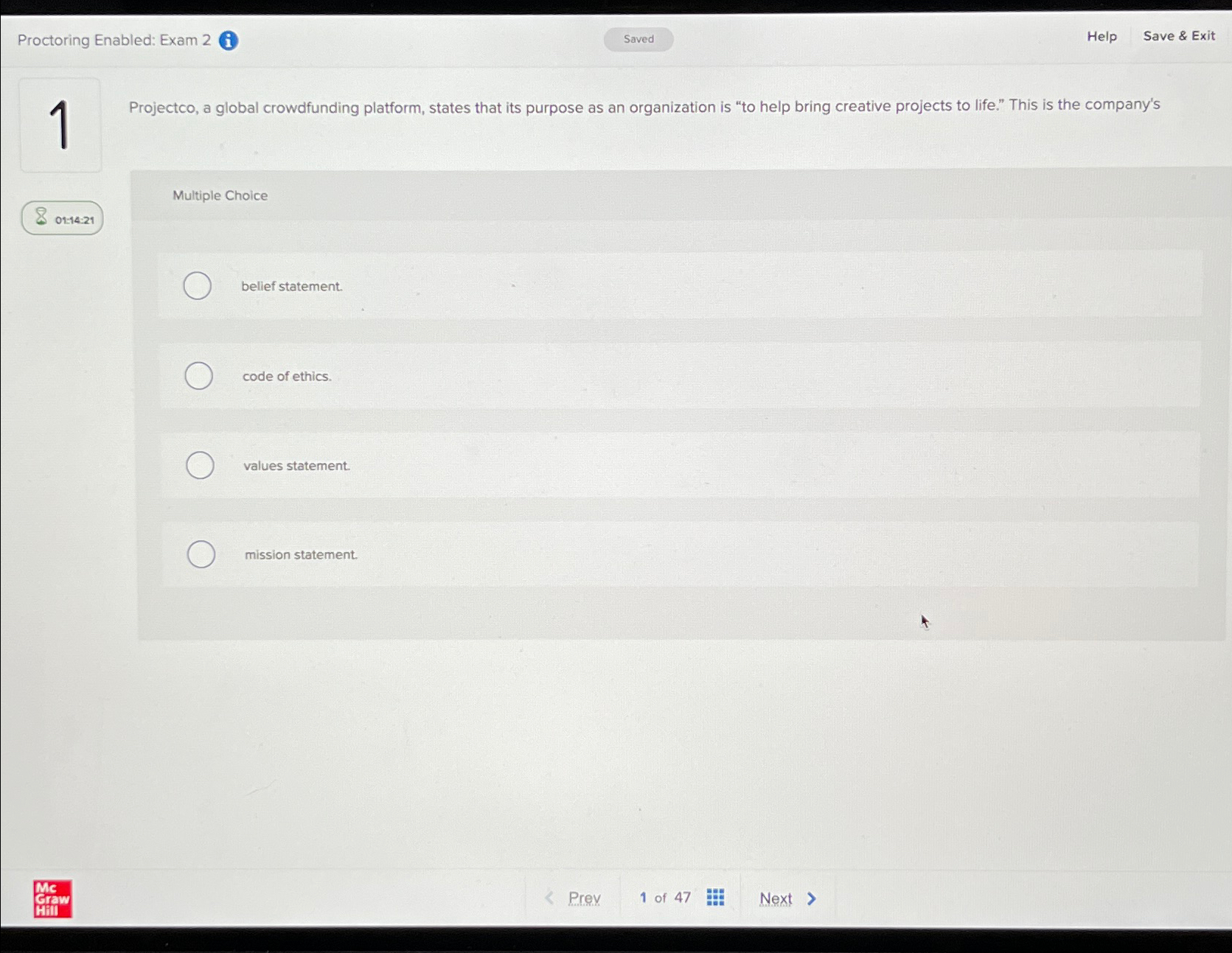  Proctoring Enabled: Exam 2(i Saved Help Save & Exit 1 Projectco,