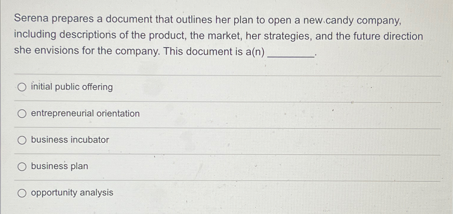  Serena prepares a document that outlines her plan to open a