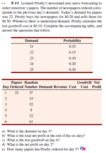 Please solve using excel om in excel. .. F.11 Leonard Presby's