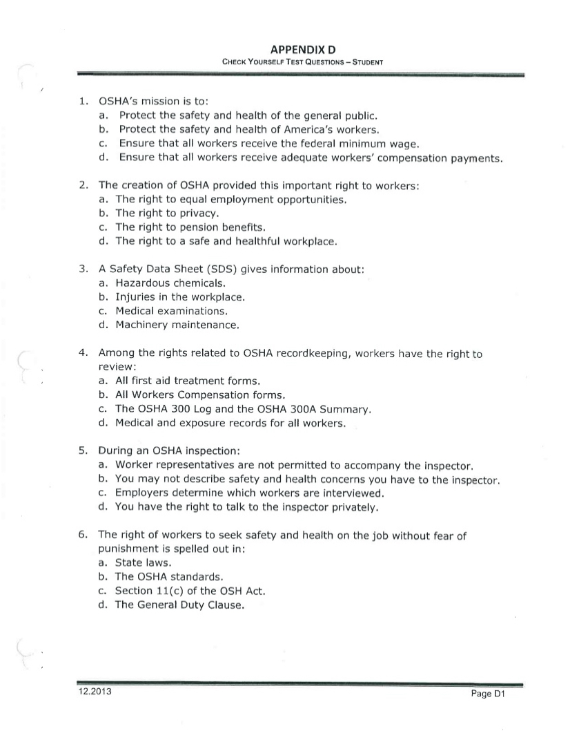  APPENDIX D CHECK YOURSELF TEST QuestIONS - StUdENT OSHA's mission is