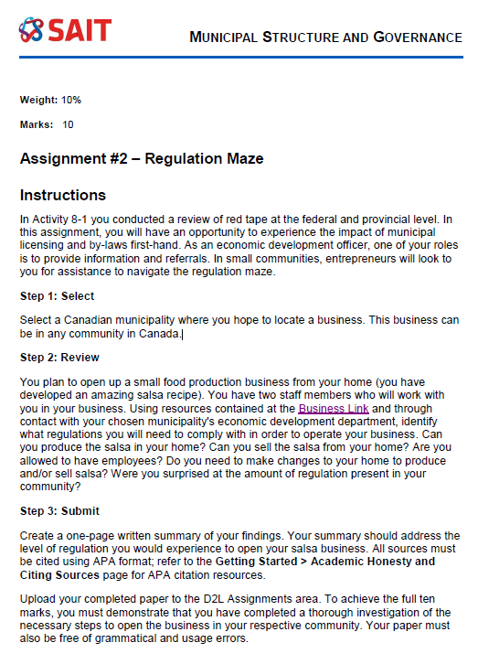 No plagiarism pls Weight: 10% Marks: 10 Assignment \#2 - Regulation