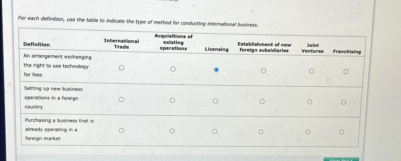  For each definition, use the table to indicate the type of